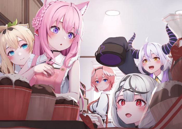 Anime girls baking cupcakes with horns and cat ears