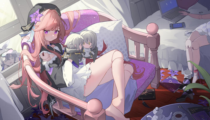 Herta and Chibi Herta with Nintendo Switch and Laptop