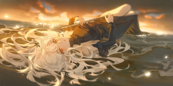 Anime girl with white hair playing flute at sunset