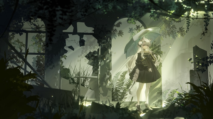 4K Cat girl with umbrella in ruins