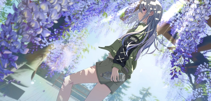 Girl with water bottle under purple flowers in sunlight