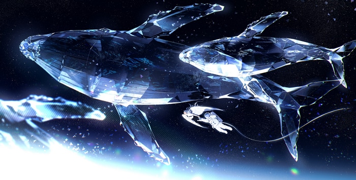 Crystal whales and astronaut in space