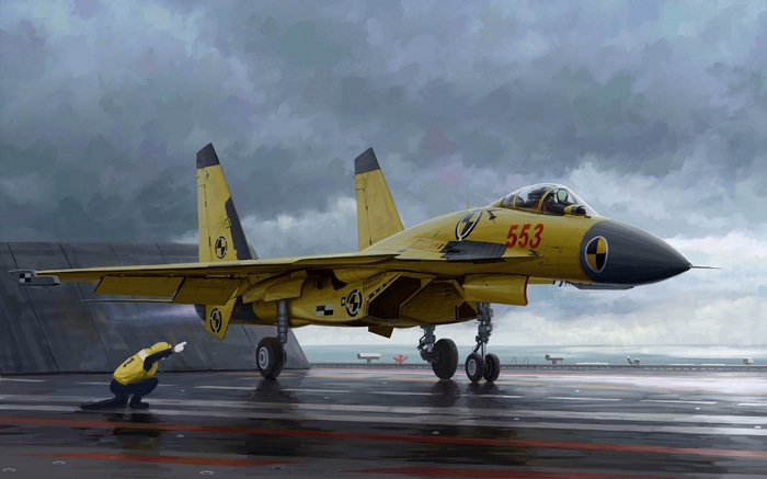 Yellow military aircraft on a runway with a handler