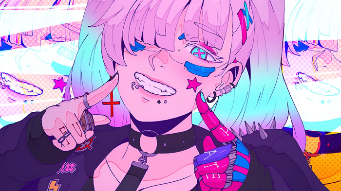 Koyorin anime girl with piercings and multi-colored hair
