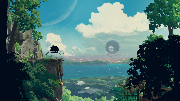 Planet of Lana: A robot on a cliff overlooking a lake