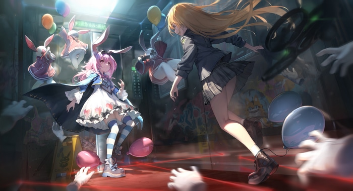 Girls with bunny ears in an elevator with balloons