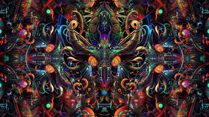 Psychedelic abstract art with alien-like figures