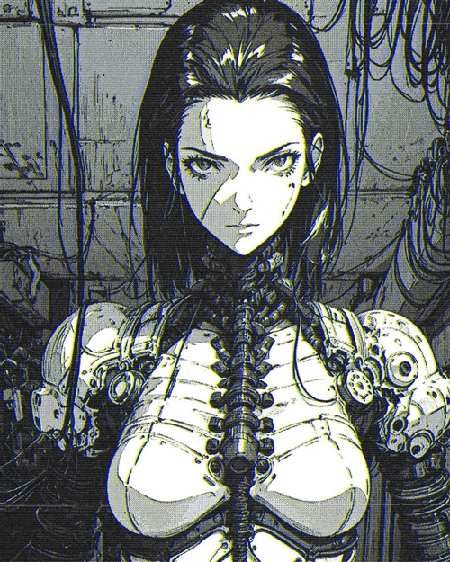 Monochrome Cyborg Woman with Robotic Body
