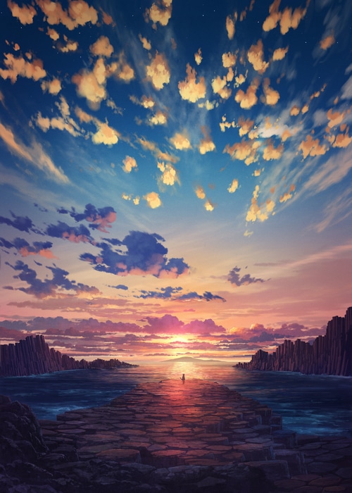 A lone figure walks on a stone path towards a sunset over the ocean.