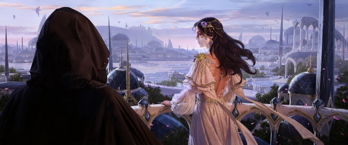Fantasy cityscape with a woman on a balcony