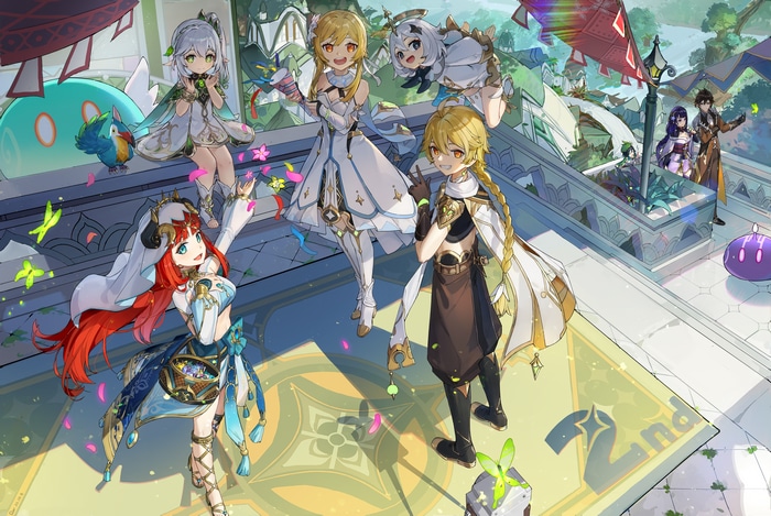 Genshin Impact characters celebrating on stairs