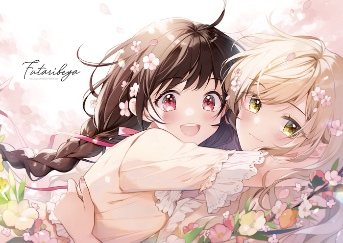 Two girls hugging with flowers in their hair