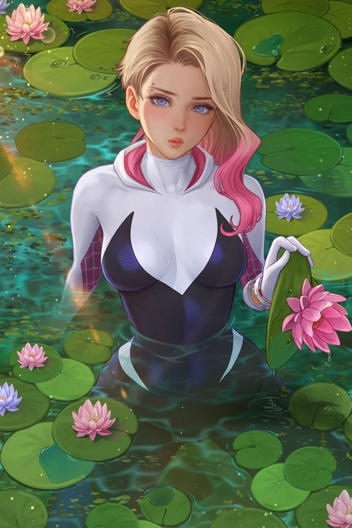 4K Spider Gwen in Water with Water Lilies