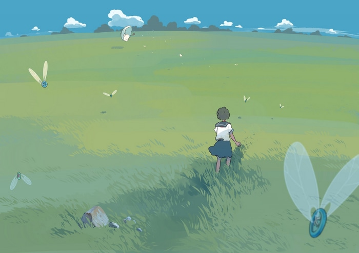 Girl in school uniform in a grassy field with flying creatures