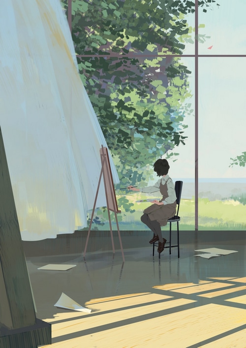 Artist painting by a large window with trees outside
