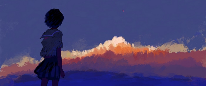 Schoolgirl watching a sunset glow with clouds