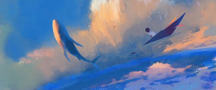 4K digital painting of a whale and a person on a glider