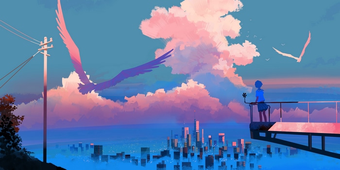 4K digital painting of a schoolgirl overlooking a city at sunset