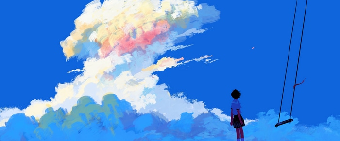 4K Digital Painting of a Schoolgirl and Swings in the Sky
