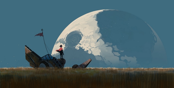 Digital painting of a person on a ship with a large planet