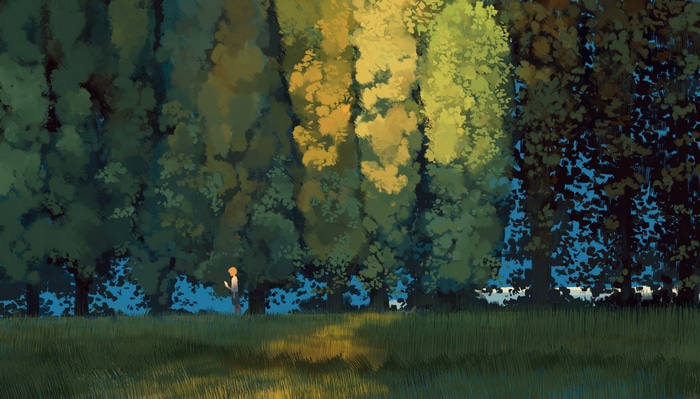 Digital painting of a person and cows in a field at sunset