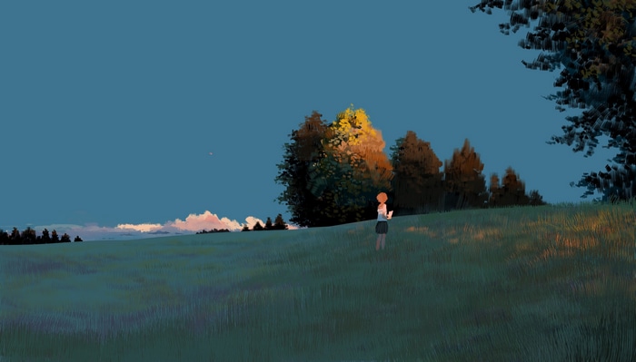 Girl in school uniform reading in a grassy field at sunset