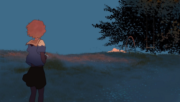 Girl in school uniform by a swing set at sunset