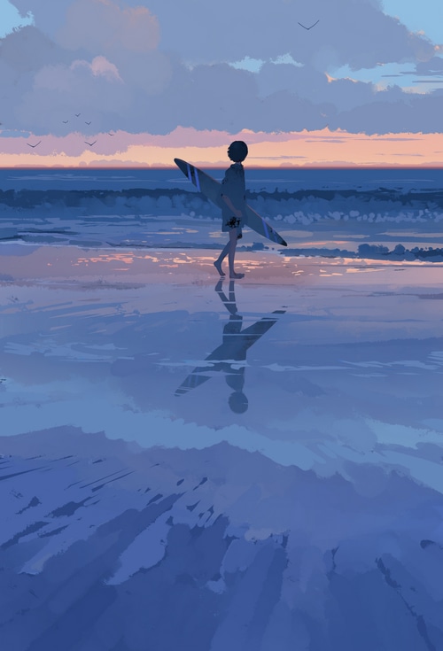 Surfer walking on the beach at sunset