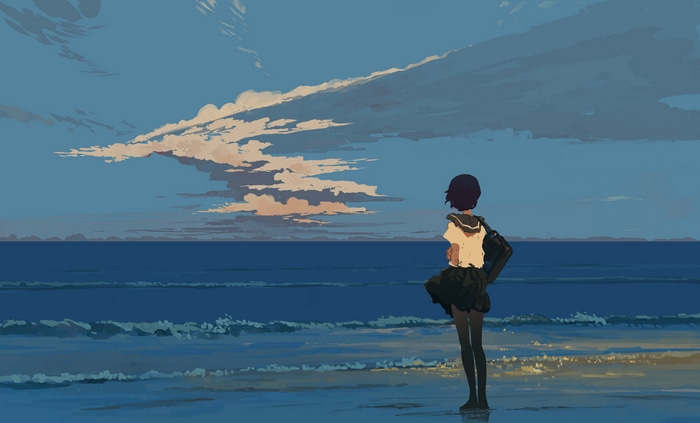4K Schoolgirl on Beach at Sunset