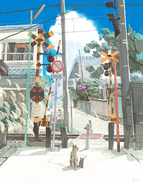 Cats at a Sunny Japanese Railway Crossing