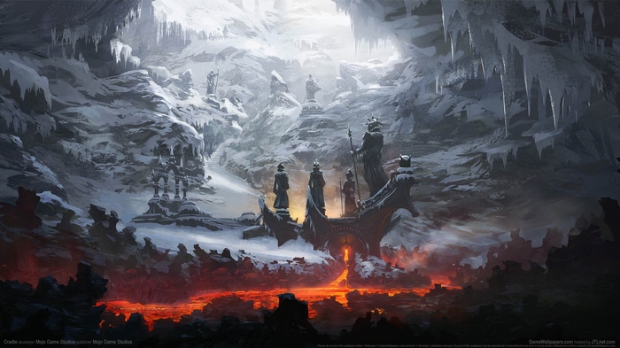Fantasy cave with lava and snow statues