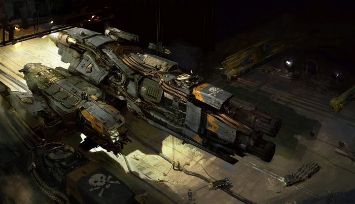 Futuristic military spaceship in a dark hangar
