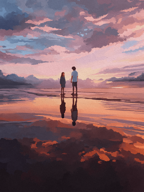 Two people standing on a beach at sunset with reflections