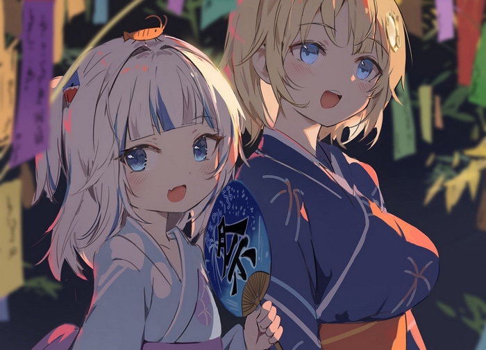 Gawr Gura and Watson Amelia in Kimonos