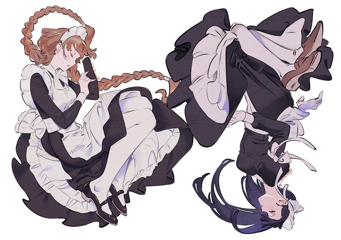 Two maids in outfits, one sleeping