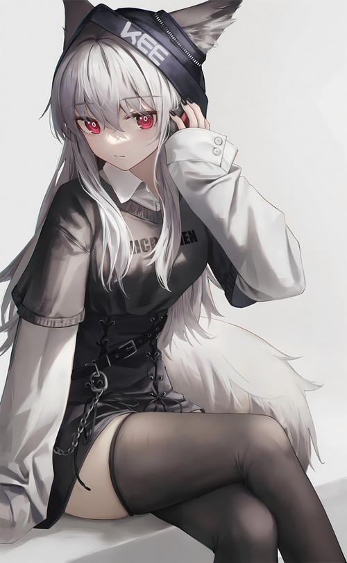 Wolf girl with white hair and red eyes wearing a hoodie