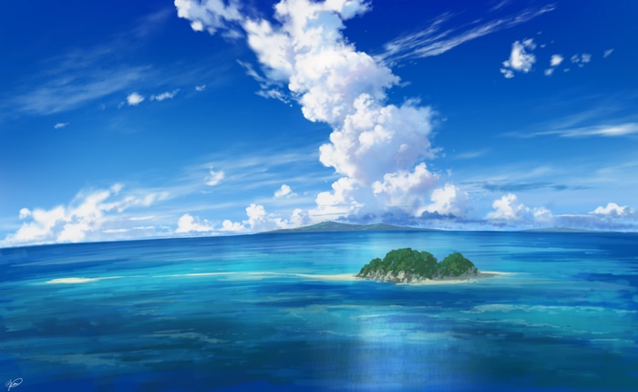 Island in the ocean under a cloudy sky