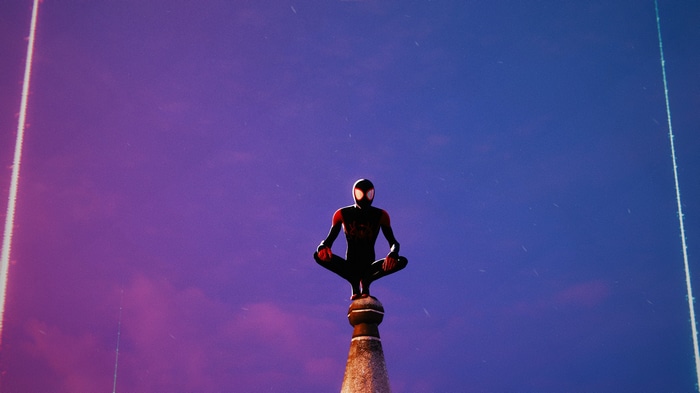 4K Spider-Man (Miles Morales) sitting on a spire