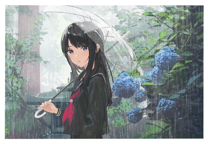 Schoolgirl with umbrella in the rain near hydrangeas