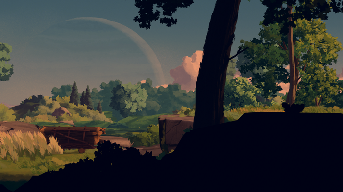 Planet of Lana landscape with trees and a cart
