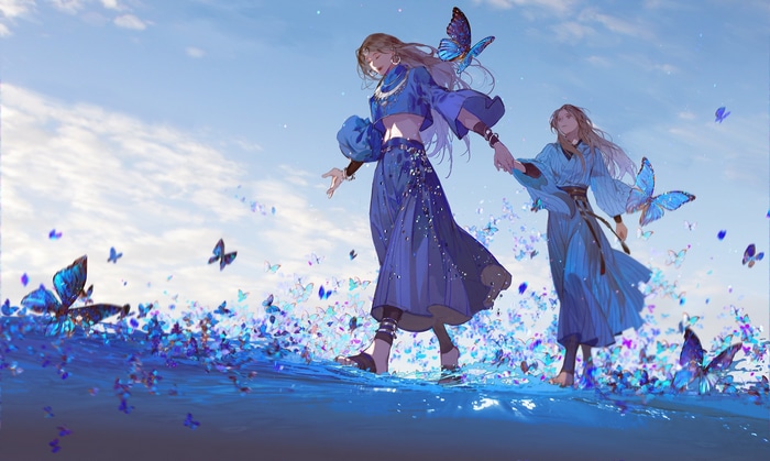 Two people walking through a sea of butterflies