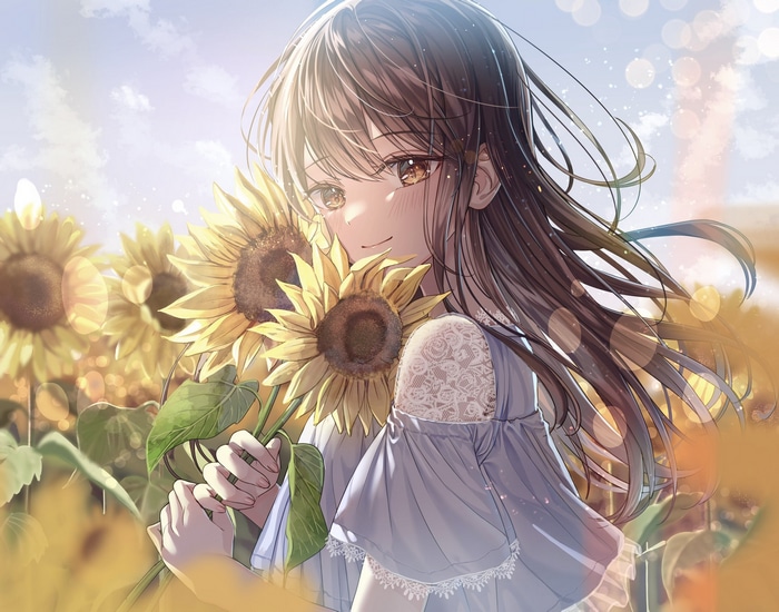 Anime girl holding sunflowers in a field