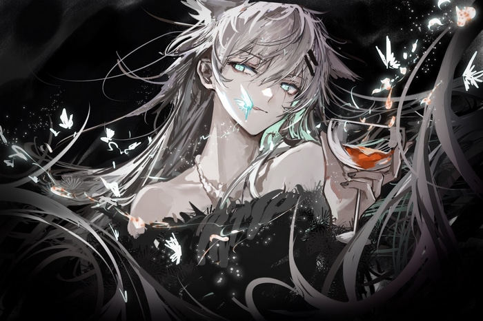 Arknights Lappland with butterflies and a drink