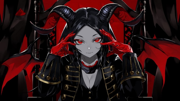 Demon girl with horns and red eyes sitting on a chair