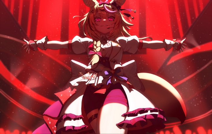 Omaru Polka from Hololive in a red stage setting