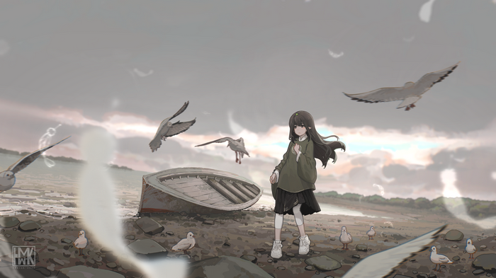 4K girl with boat and birds on a beach