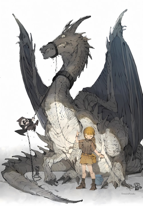 A girl and a dragon with a grim reaper-like creature