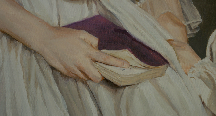 Painting of a woman's hands holding a book