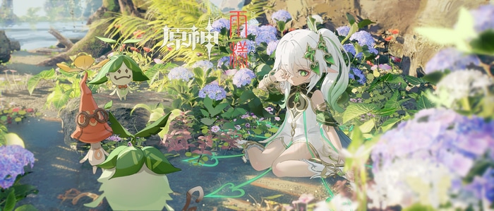 Nahida and Aranara in a garden with flowers