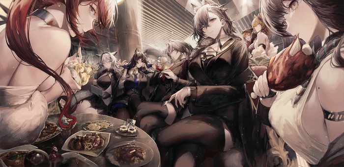 Arknights characters eating at a table